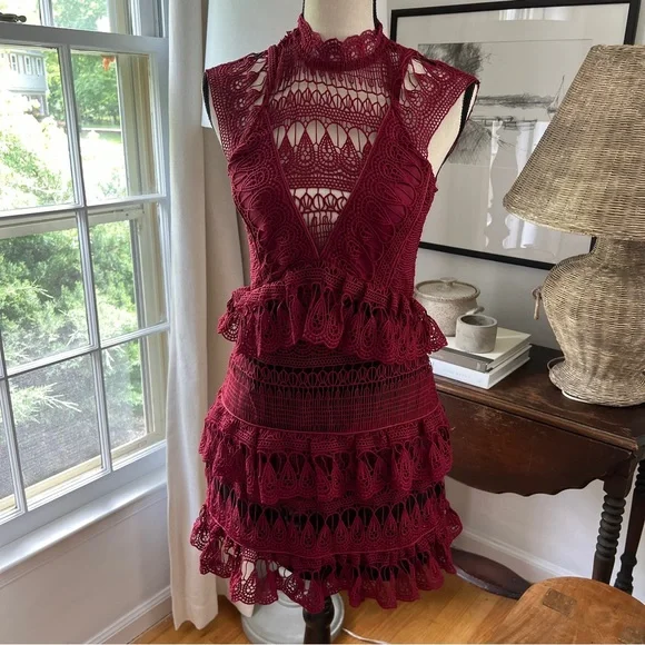 Self Portrait Teardrop Guipure Lace Dress Burgundy - Picture 8 of 10